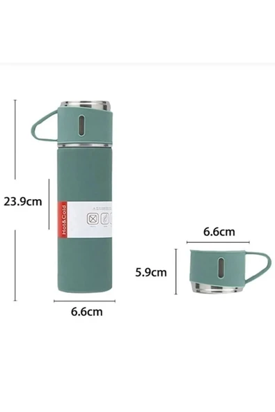 Yeşil Piknik Kamp Termosu Paslanmaz Çelik 3 Bardaklı 500ML Vakumlu Çay Kahve Sıcak Soğuk Termos Seti - 8