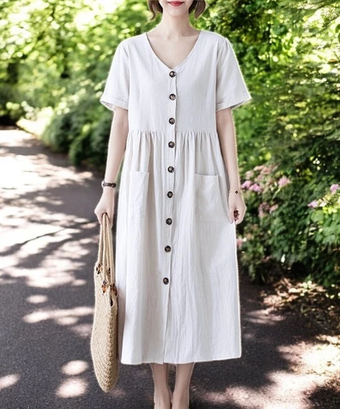 Yazlık V Yaka Beli Büzgülü Rahat Keten Elbise - Resim 2