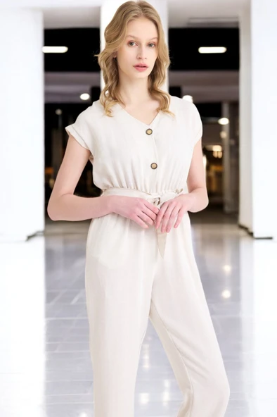 Yazlık V Yaka Kolsuz Keten Takım - Resim 7