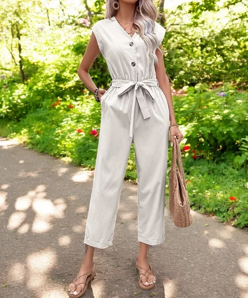 Yazlık Kolsuz V Yaka Keten Takım ürün görseli