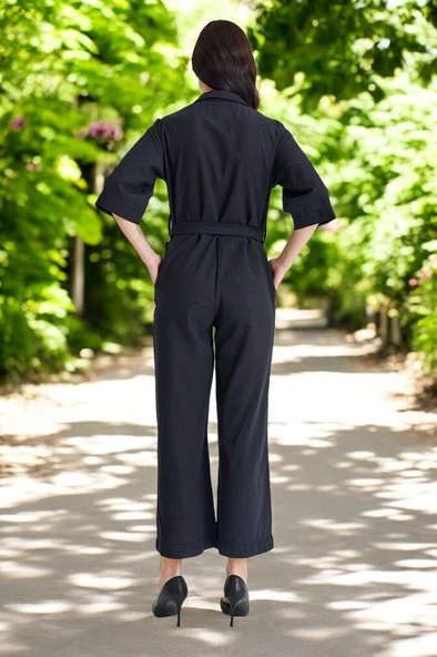 Yazlık Gömlek Yaka Keten Tulum - 2