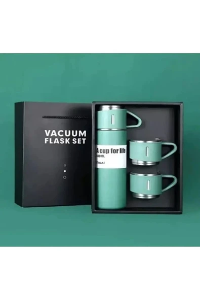 Yeşil Piknik Kamp Termosu Paslanmaz Çelik 3 Bardaklı 500ML Vakumlu Çay Kahve Sıcak Soğuk Termos Seti