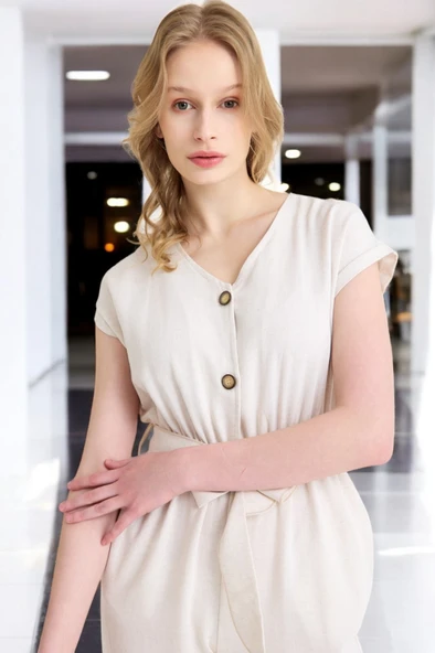 Yazlık V Yaka Kolsuz Keten Takım - Resim 9