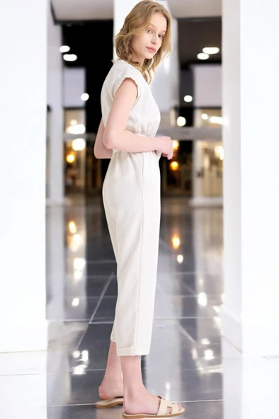 Yazlık V Yaka Kolsuz Keten Takım - Resim 3