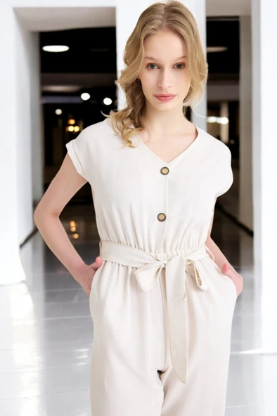 Yazlık V Yaka Kolsuz Keten Takım - Resim 10