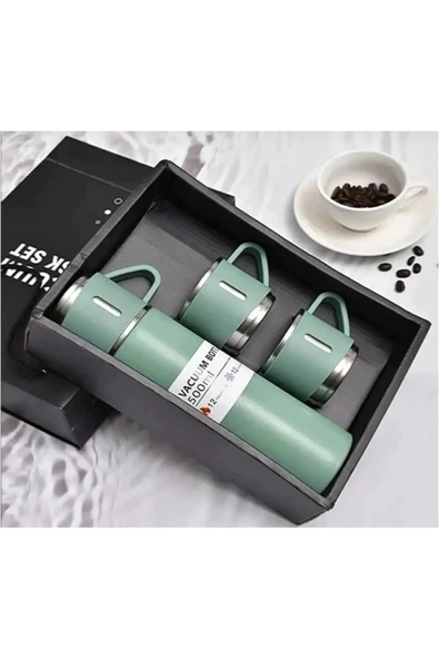 Yeşil Piknik Kamp Termosu Paslanmaz Çelik 3 Bardaklı 500ML Vakumlu Çay Kahve Sıcak Soğuk Termos Seti - 6
