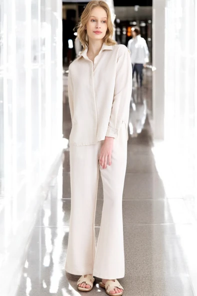 Yazlık Rahat Gömlek Pantolon İkili Keten Takım - Resim 4