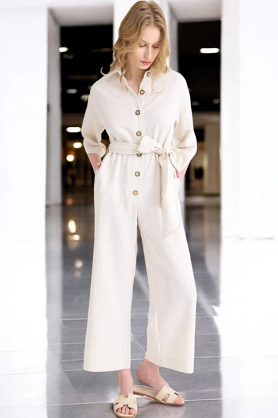 Yazlık Rahat Gömlek Yaka Keten Tulum ürün görseli