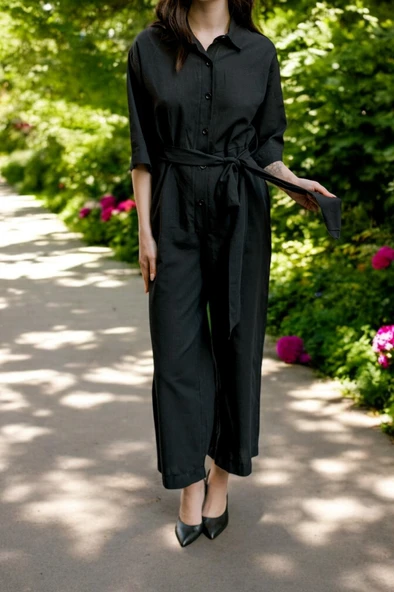 Yazlık Gömlek Yaka Keten Tulum - 12