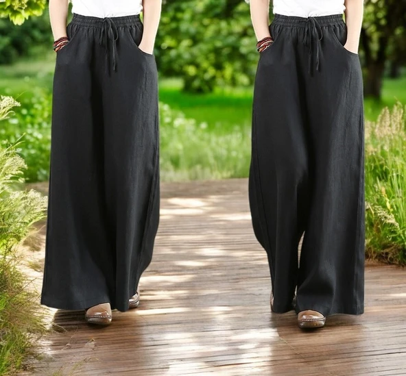 Yazlık Beli Lastikli Şık Keten Pantolon - Resim 3