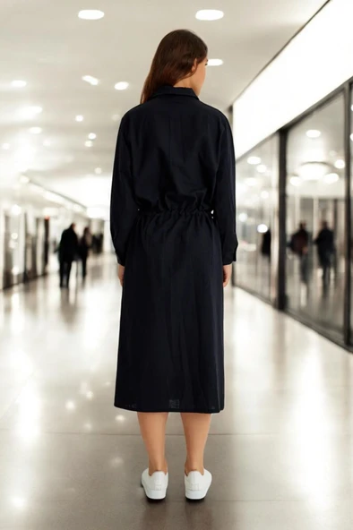 Günlük Beli Bağcıklı Rahat Keten Elbise - Resim 2