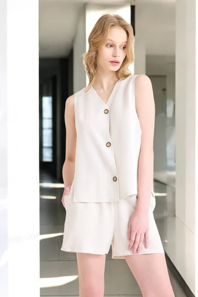 Yazlık Kolsuz Şortlu Keten Takım - Resim 11