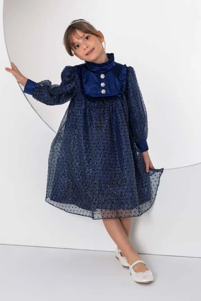 Kız Çocuk Üzeri Benekli ve Pullu İçi Astarlı Yakası Fırfırlı Lacivert Elbise - Resim 6