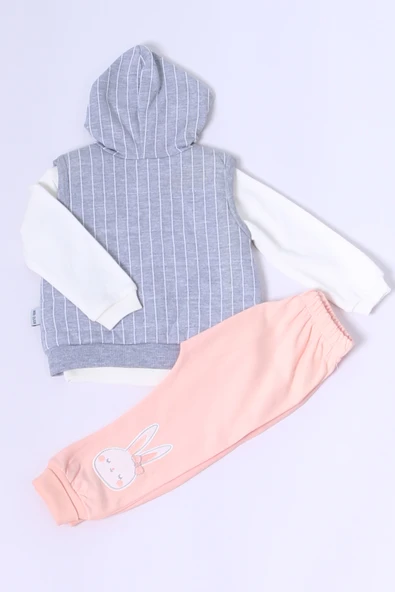 KIZ BEBEK YELEKLİ TAKIM KAPŞONLU ÇITÇITLI TAVŞAN BASKILI A15 - 8