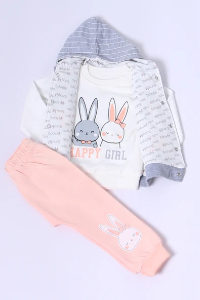 KIZ BEBEK YELEKLİ TAKIM KAPŞONLU ÇITÇITLI TAVŞAN BASKILI A15 - 6