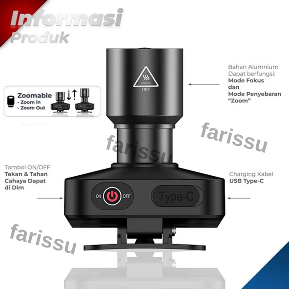 WH-2102 Şarjlı Kafa Feneri - 10W, 1200 Lümen, Zoom Fonksiyonlu, C Tipi Şarjlı - 4