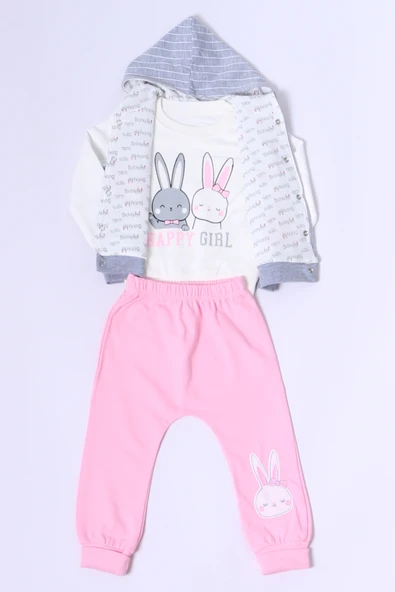 KIZ BEBEK YELEKLİ TAKIM KAPŞONLU ÇITÇITLI TAVŞAN BASKILI A15