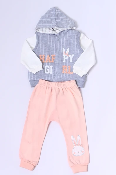 KIZ BEBEK YELEKLİ TAKIM KAPŞONLU ÇITÇITLI TAVŞAN BASKILI A15 - 7