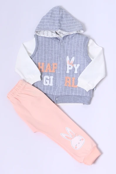 KIZ BEBEK YELEKLİ TAKIM KAPŞONLU ÇITÇITLI TAVŞAN BASKILI A15 - 5