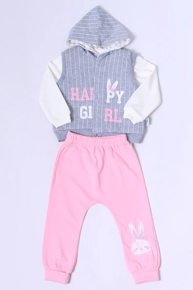 KIZ BEBEK YELEKLİ TAKIM KAPŞONLU ÇITÇITLI TAVŞAN BASKILI A15 - 2