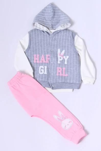 KIZ BEBEK YELEKLİ TAKIM KAPŞONLU ÇITÇITLI TAVŞAN BASKILI A15 - 3