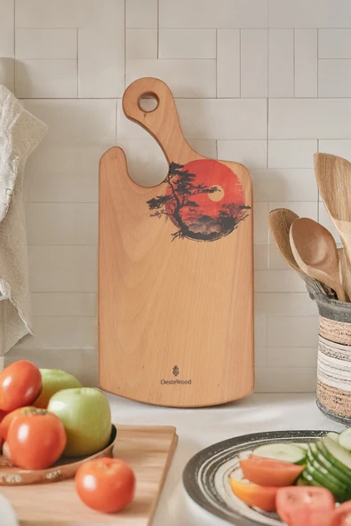 Yekpare Masif Ahşap Sunum Tahtası Kesme Tahtası Desenli Kayın Medium - 5