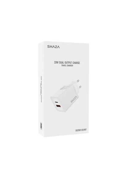 SHAZA SG2501/33/WT Dual 33W PD USB-C 18W 3A USB Şarj Adaptörü Beyaz 33W USB QC 3.0 & Type-C Çift Çıkışlı Şarj Adaptörü