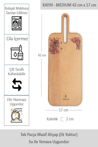 Yekpare Masif Ahşap Sunum Tahtası Kesme Tahtası Desenli Kayın Medium