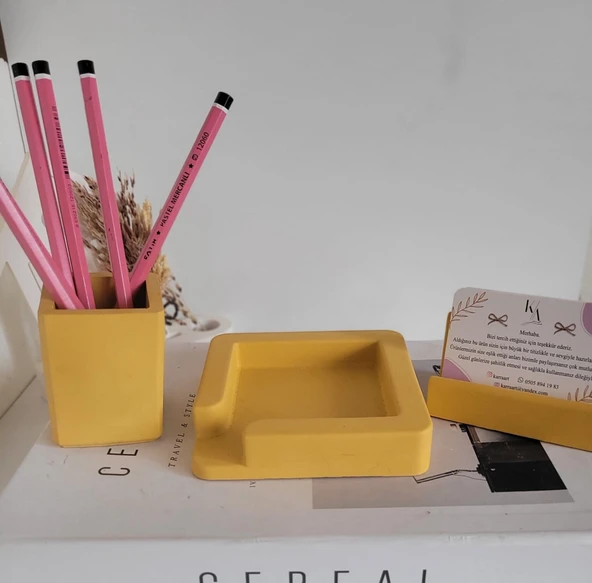 3 Parça Beton Ofis Seti Masa Üstü Organizer - 2
