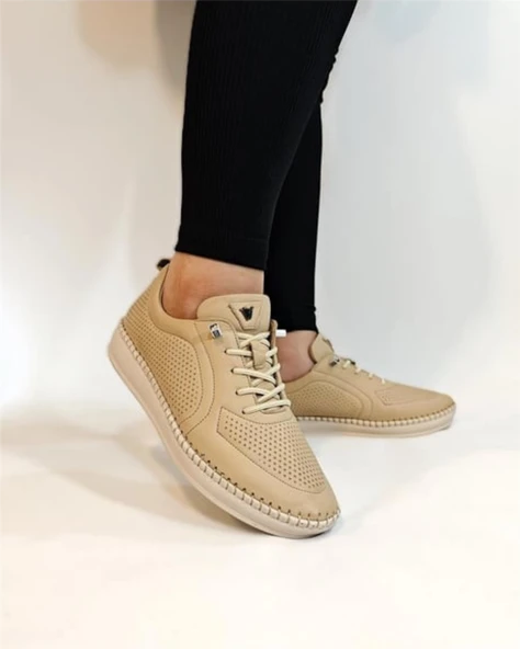 Voyager Z094 Zn Kadın Bej Nata Hakiki Deri Günlük Spor Ayakkabı