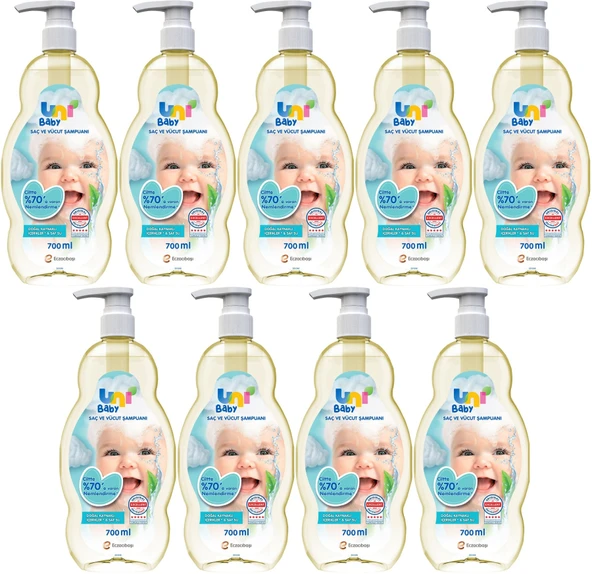 Uni Baby Bebek Saç ve Vücut Şampuanı 700ML Klasik (Pompalı) (9 Lu Set)