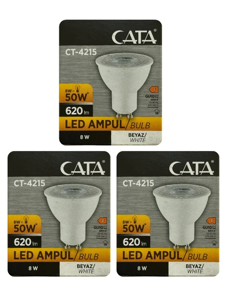 (3 Adet) Cata 8W (50W) 6500K (Beyaz Işık) GU10 Duylu Led Spot Ampul