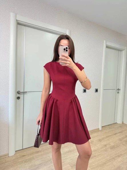 Sırt dekolteli Çan Detaylı Mini Elbise - Bordo - Resim 2