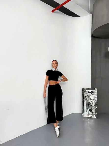 Osy Modal Yumuşak Dokulu Kumaş Kısa Kollu Crop Alt ispanyol Paça Pantalon ikili Takım - Siyah