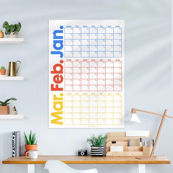 Tarihsiz Üç Aylık Duvar Takvimi, Zamansız Takvim, Planlayıcı Takvim, Rengarenk Duvar Takvimi - 70x100 cm