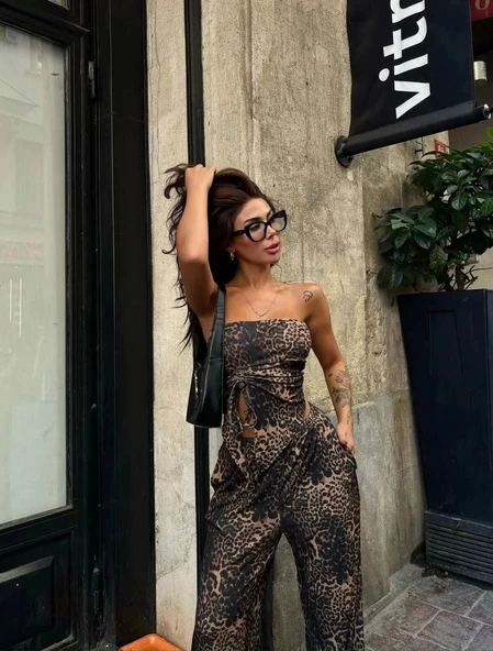 leopar desenli önden bağlamalı bluz Pantolon İkili Takım -Leopar