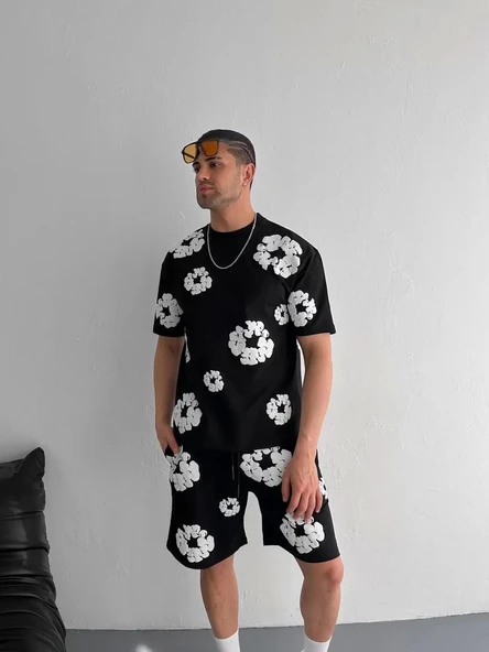 İki İplik Kumaş Baskılı T-shirt Şortlu Takım- Siyah