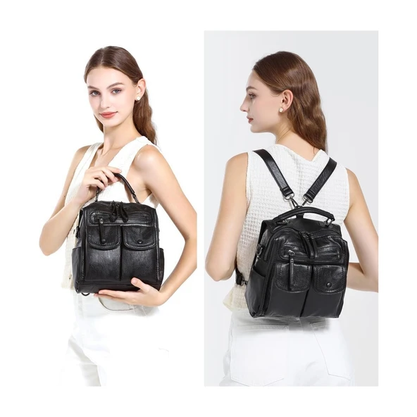 Yıkama Deri Sırt Askılı Kadın Çantası 21K Barcelona 1917 - Resim 3