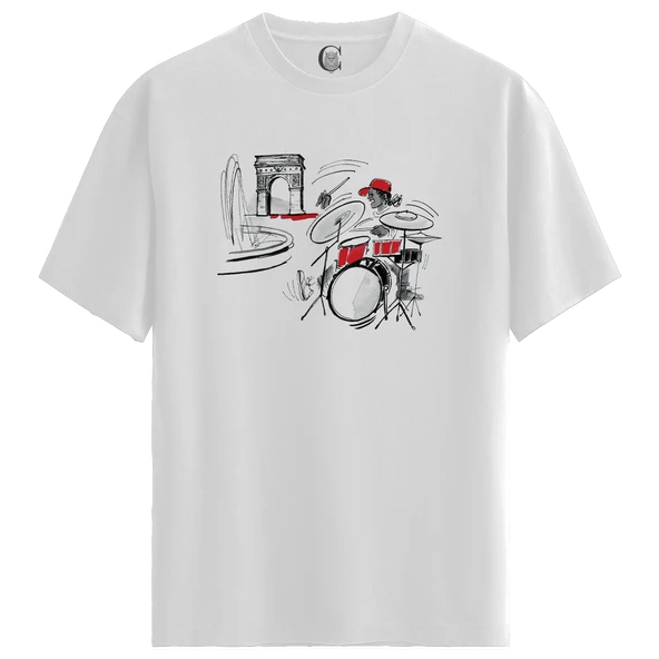 Drum Jam - %100 Pamuklu Erkek Beyaz Tişört - Premium Quality ürün görseli 1