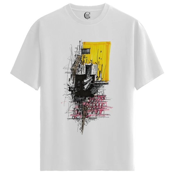 Abstract City - %100 Pamuklu Erkek Beyaz Tişört - Premium Quality