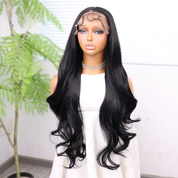 Siyah Renk Bebek Saçlı Fiber Sentetik Tül Peruk - Resim 4