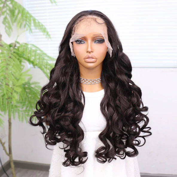 Açık Kahve Bebek Saçlı Fiber Sentetik Yoğun Dalgalı Tül Peruk - Resim 2