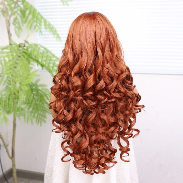 Bakır Bebek Saçlı Fiber Sentetik Yoğun Dalgalı Tül Peruk - Resim 5