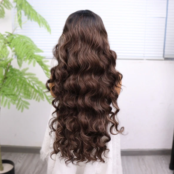 Koyu Kestane Açık Kumral Ombreli Balköpüğü Işıltılı Fiber Sentetik Tül Peruk - Resim 5