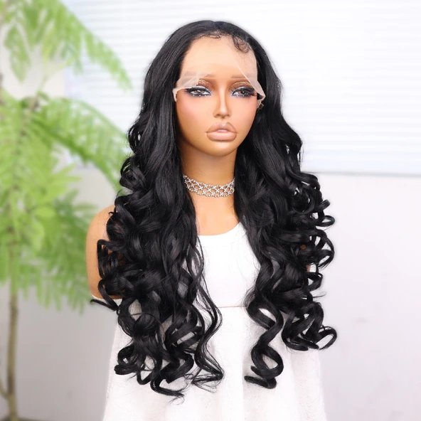 Siyah Bebek Saçlı Fiber Sentetik Yoğun Dalgalı Tül Peruk - Resim 3