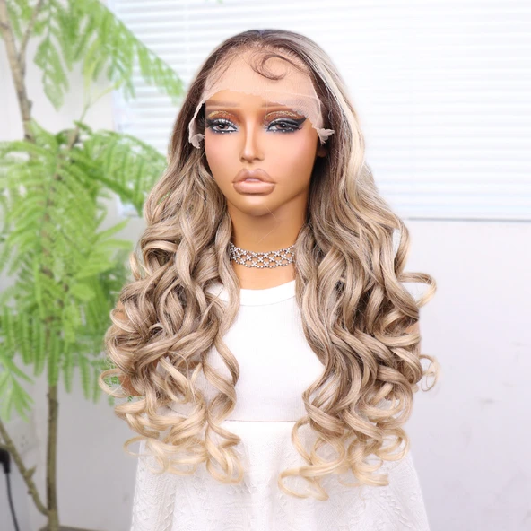 Kumral Platin Ombre Bebek Saçlı Fiber Sentetik Yoğun Dalgalı Tül Peruk - Resim 4