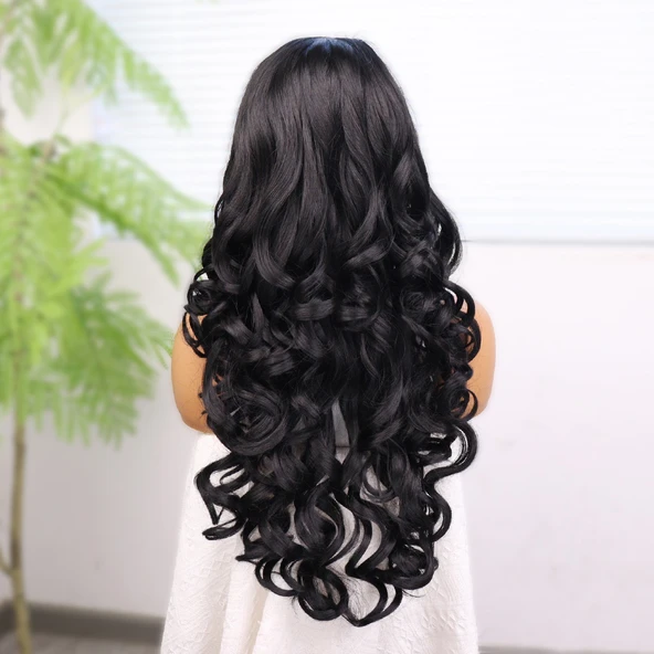 Siyah Bebek Saçlı Fiber Sentetik Yoğun Dalgalı Tül Peruk - Resim 5