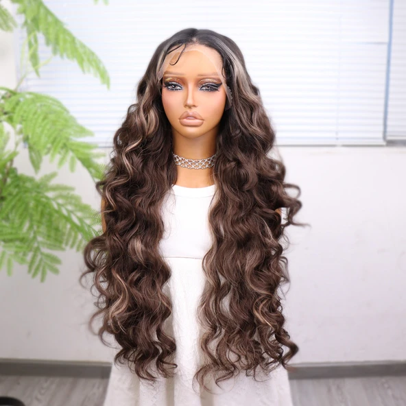 Koyu Kestane Açık Kumral Ombreli Balköpüğü Işıltılı Fiber Sentetik Tül Peruk - Resim 4