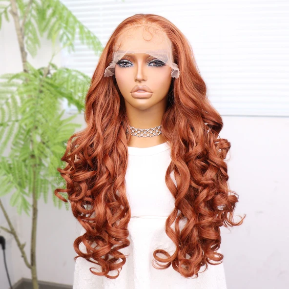 Bakır Bebek Saçlı Fiber Sentetik Yoğun Dalgalı Tül Peruk - Resim 4