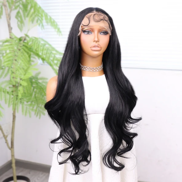 Siyah Renk Bebek Saçlı Fiber Sentetik Tül Peruk - Resim 3